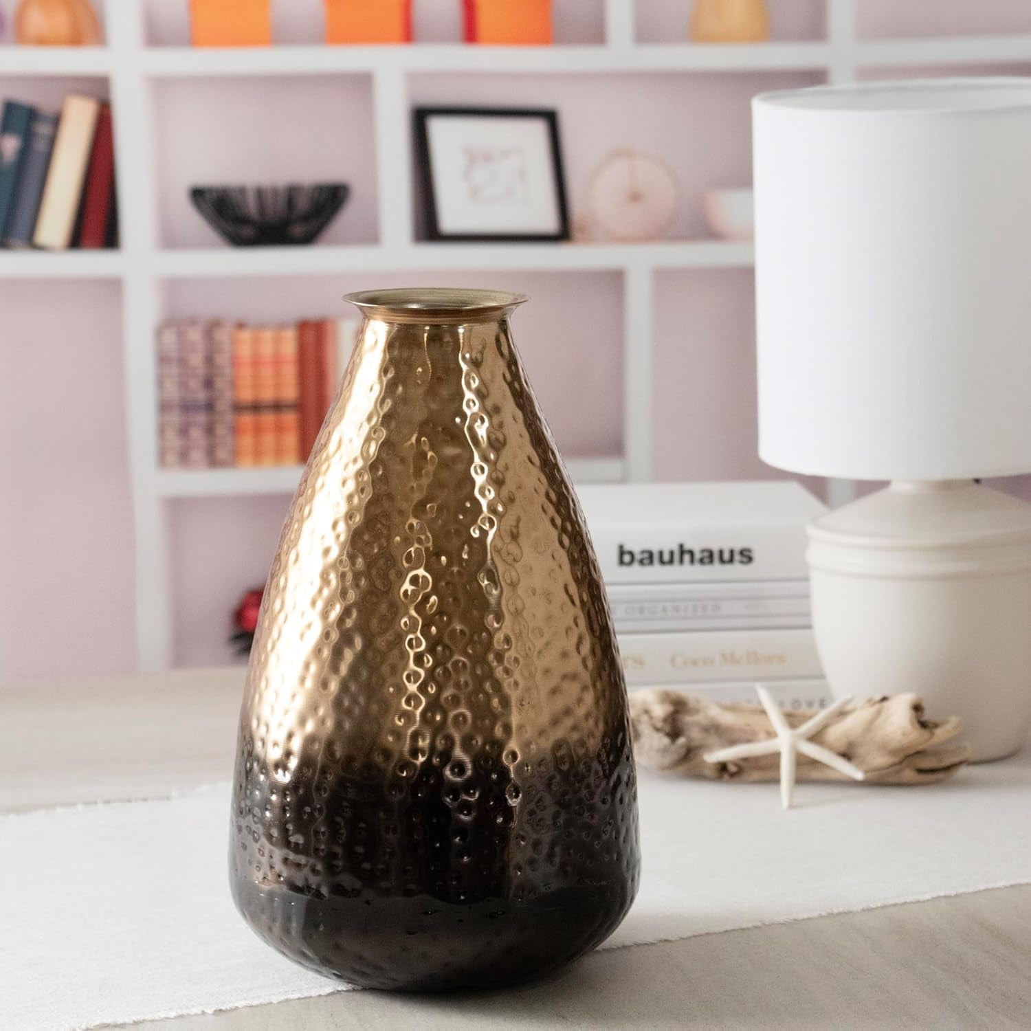 Decorative Metal Vase with Hammered Rustic Bronze Ombre Finish 12In