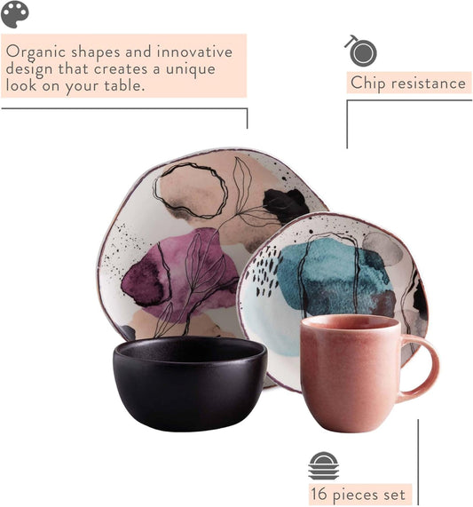 ' Juego De Vajilla Corona 16 Piezas Loza | | Servicio Para 4| Cerámica| Set De Vajilla 4 Puestos, 16 Piezas | Formas Orgánicas Servicio De 16 Piezas Para 4 Euritmia