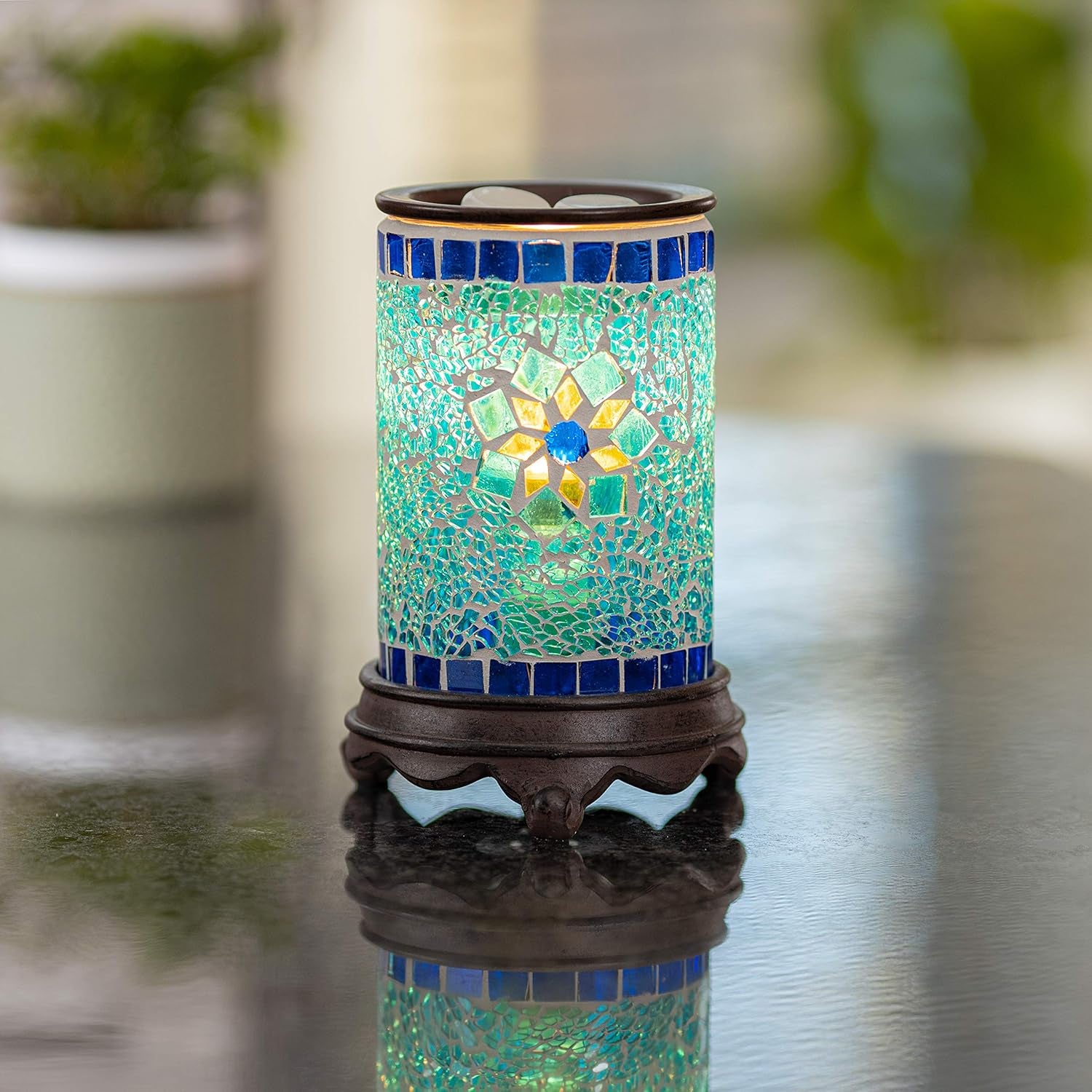 Wall Plug-In Wax Warmer for Scented Wax Mosaic Glass Sapphire and Gold Electric Home Fragrance Warmer for Essential Oils Candle Wax Melts and Tarts Scent Warmer Night Light