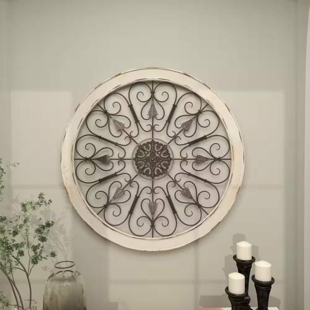 36 In. X 36 In. Wood White Window Inspired Scroll Wall Decor with Metal Scrollwork Relief