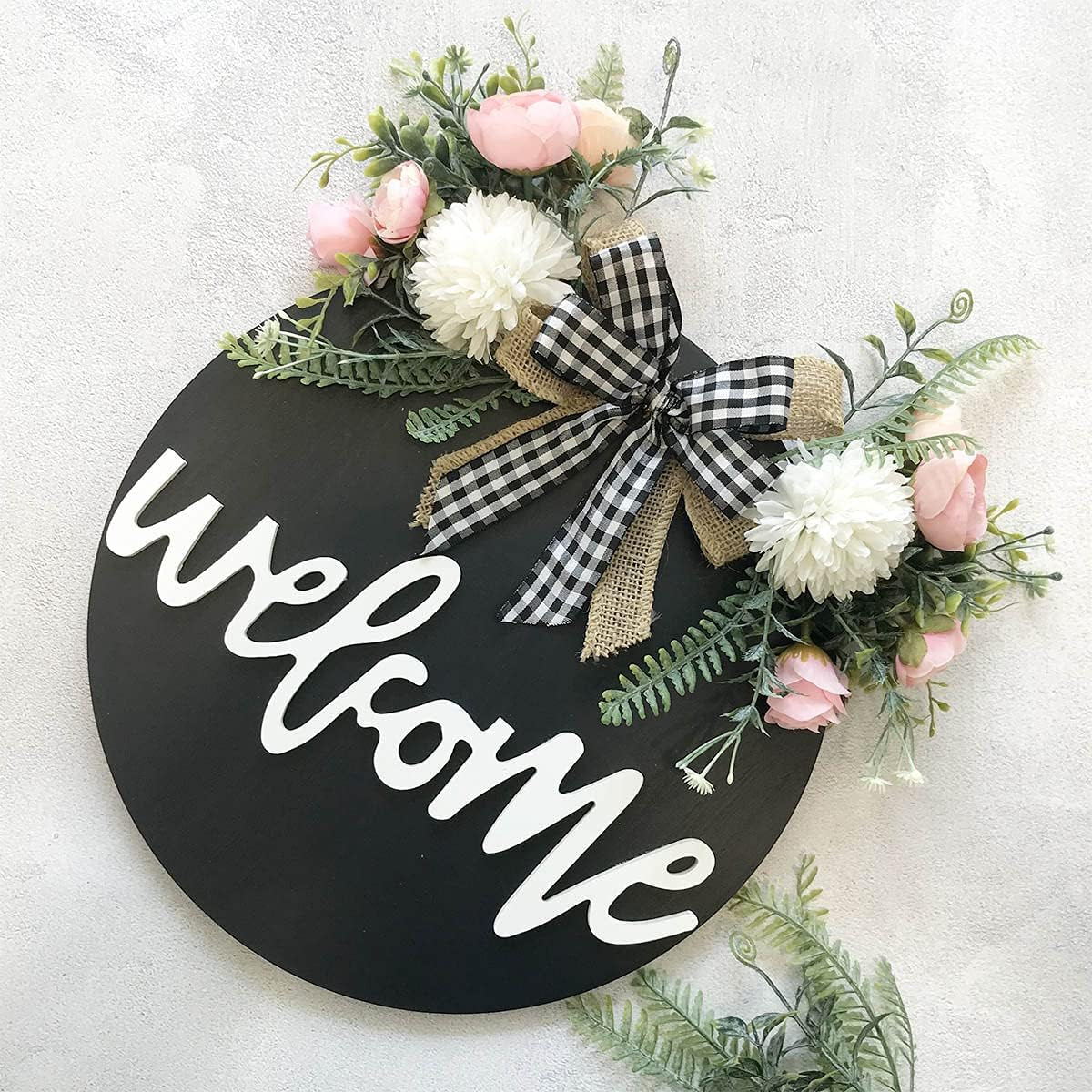 Welcome Sign for Front Door, Farmhouse Porch Décor Wooden Hanging round Sign 12" Black-Floral