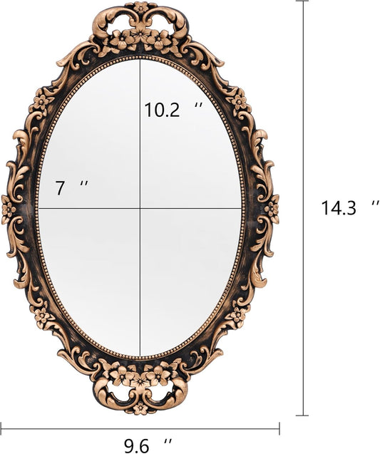 Vintage Decorative Gold Framed Mirror, Wall Hanging Mirrors & Tabletop Tray for Bedroom Living Room Dresser Decor, Oval- 9.6" W X 14.3" L (Bronze)
