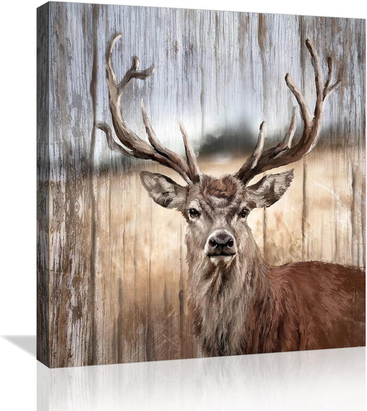 Rustic Elk Wall Decor Canvas Wall Art Animal Theme Artwork for Bathroom Modern Deer Pictures Framed Farmhouse Wall Decor for Bedroom Kitchen Country Wood Grain Prints Home Wall Decoration Size 14X14
