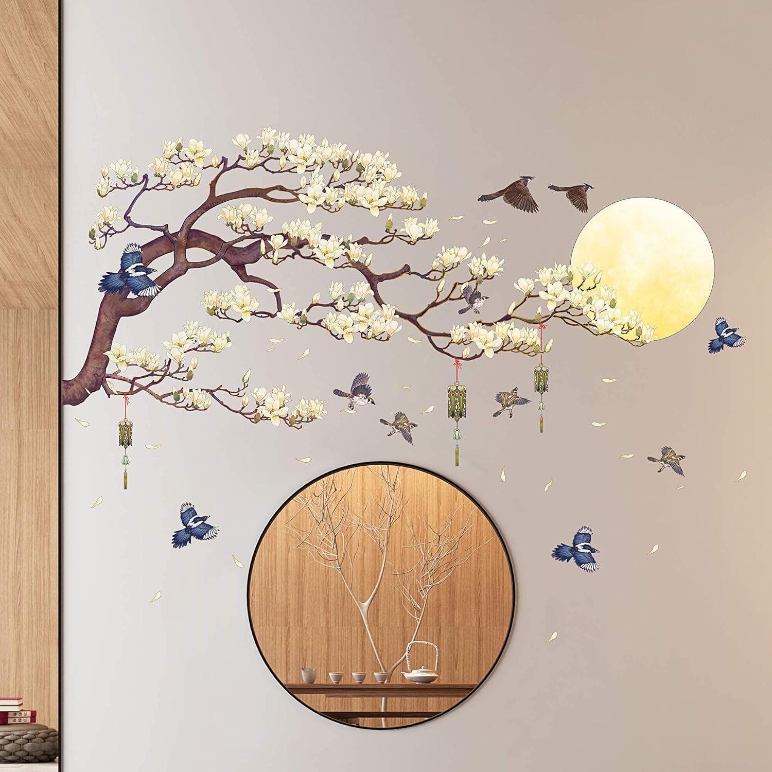 RW-1005 White Magnolia Tree Branch Flying Birds Wall Stickers Peel and Stick 3D DIY Moon Wall Decals Removable Wind Chimes Art Wall Murals for Kids Offices Home Walls Bedroom Decaoration