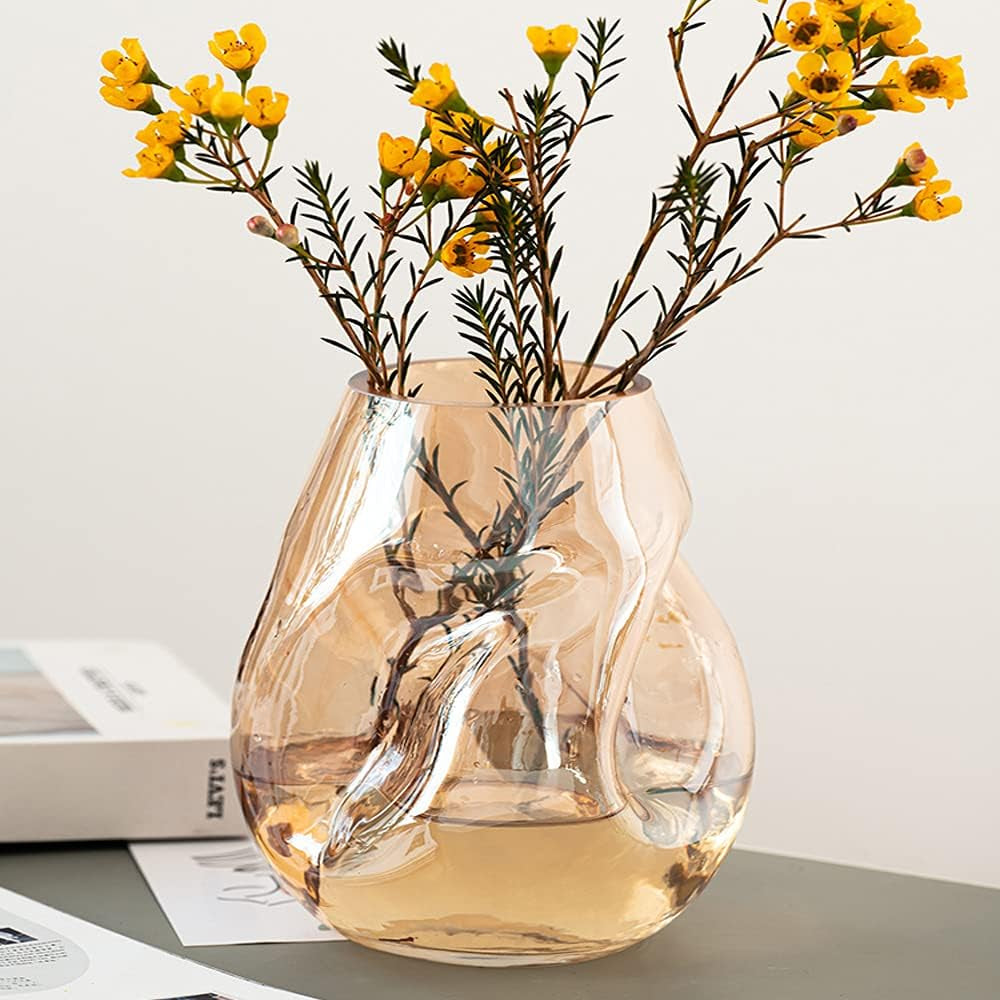 Flower Vases Decorative Boho Clear Glass Vases for Centerpieces Decorative Square Glass Vase for Flowers Home Decor Bedroom Living Room Party Office Wedding (Amber)