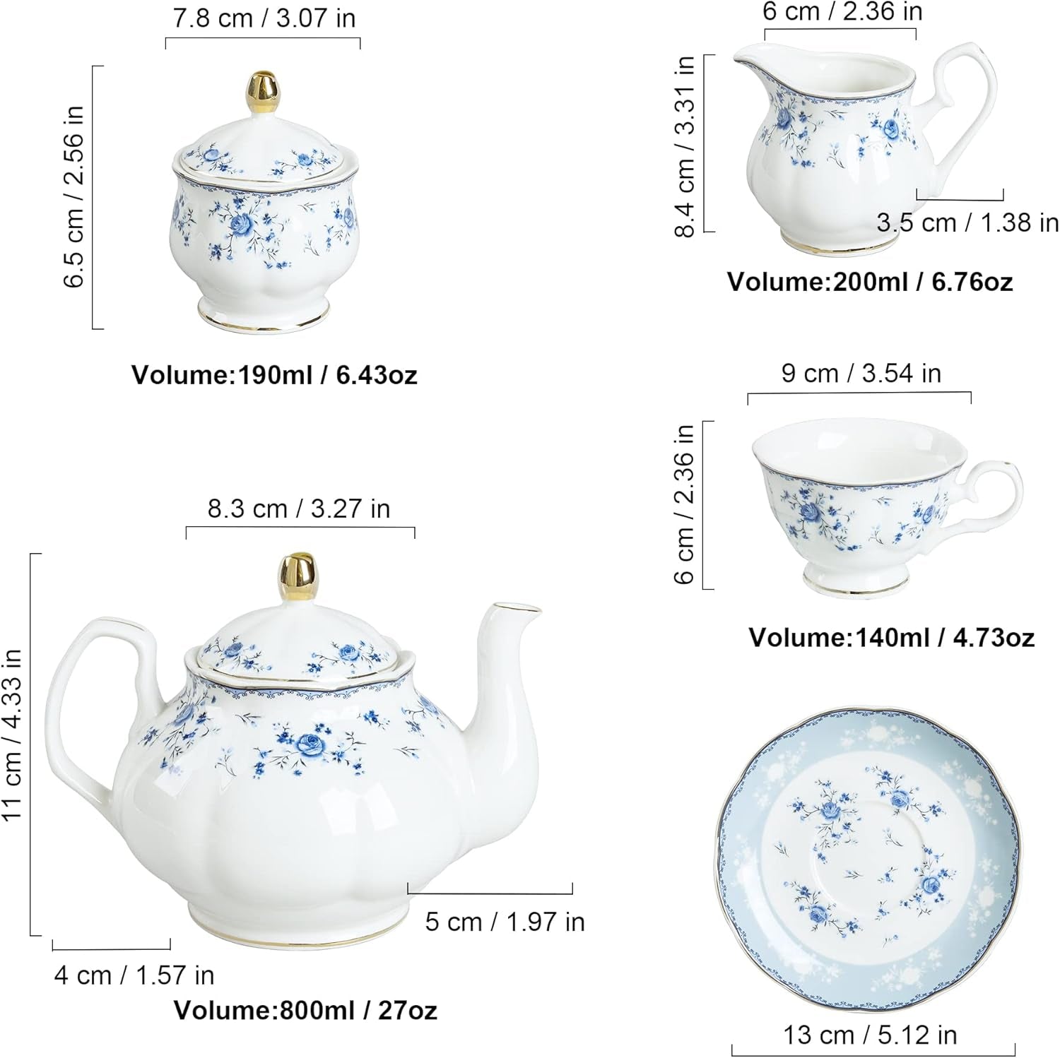 15 Piece Blue Rose Porcelain Tea Set, British Floral Teapot with Tea Cups, Women Tea Party Set for 6