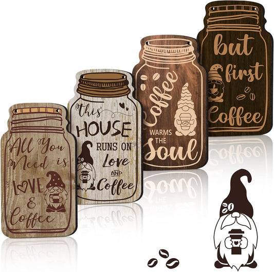4 Pieces Coffee Bar Sign Wall Decor Farmhouse Wood Gnomes Coffee Sign Wall Hanging Plaque but First Coffee Table Plaque for Cafes Supplies