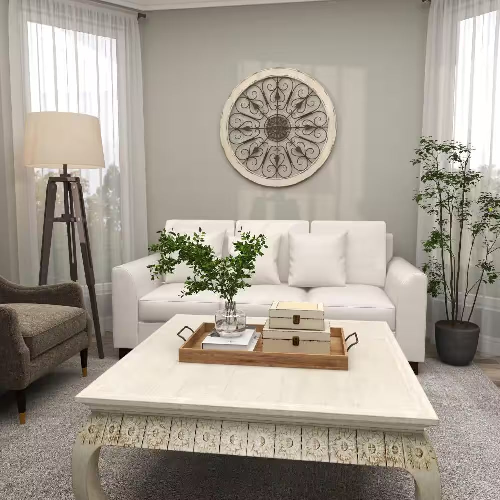 36 In. X 36 In. Wood White Window Inspired Scroll Wall Decor with Metal Scrollwork Relief