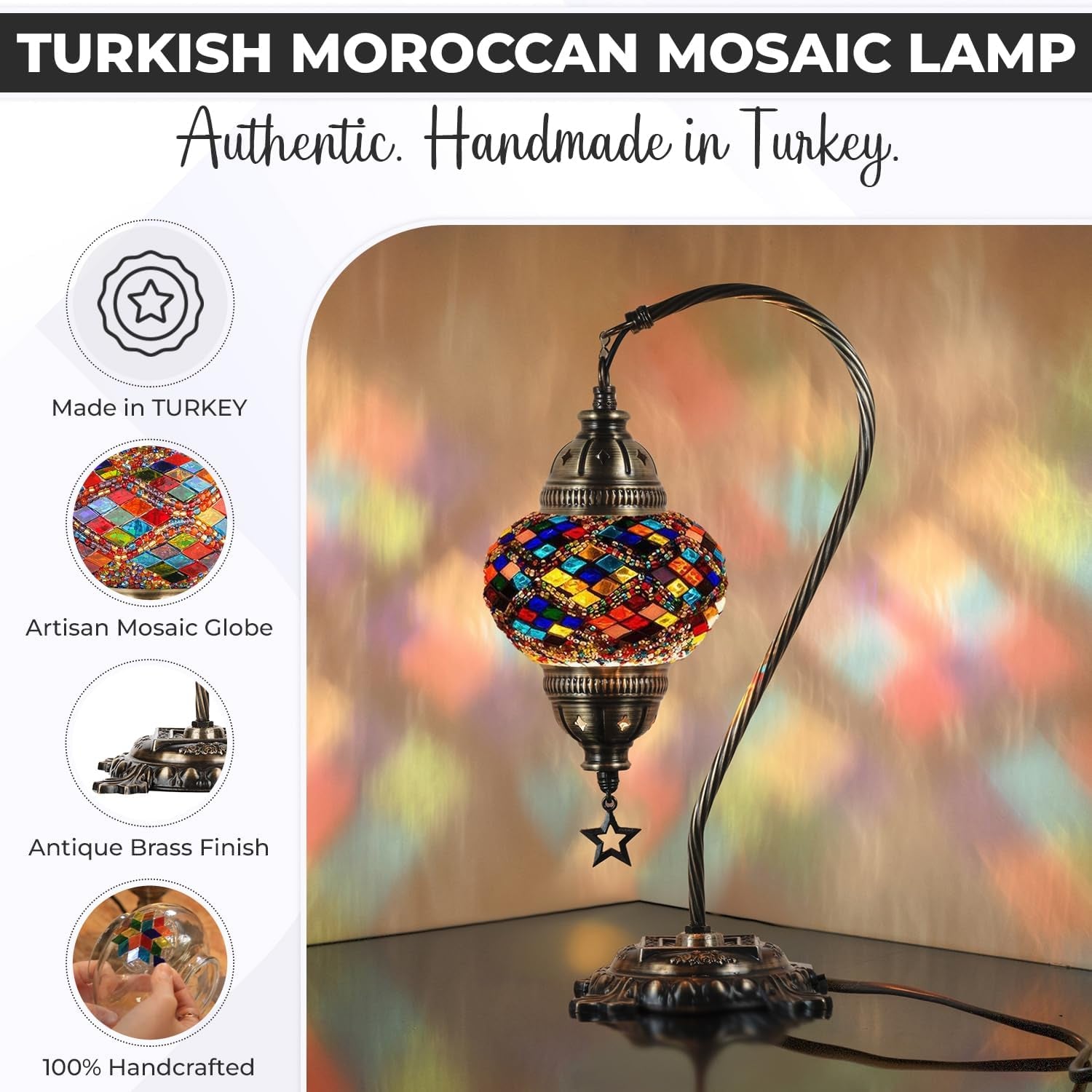 Handmade Turkish Mosaic Table Lamp - Boho Chic Bedside Light in Antique Brass Finish, 15" H, Multicolor Accent for Bedroom & Living Room