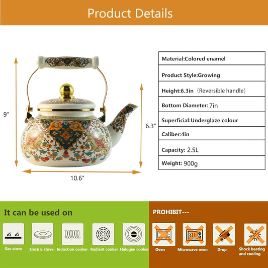 Floral Enamel Tea Kettle Vintage Gold Beige Teapot Colorful Boho Hot Water Coffee Kettle Pot 2.5L Porcelain Tea Pot with Ceramic Handle for Stovetop Hot Water Kitchen Decor