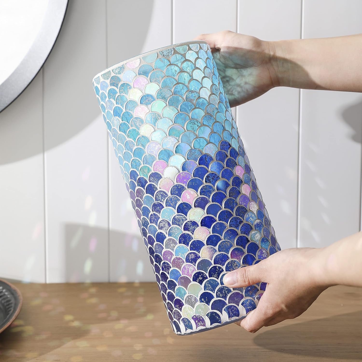 Handmade Mosaic Flower Vase Home Decor Glass Vase Table Centerpieces (Mermaid, 5.5X12Inch)