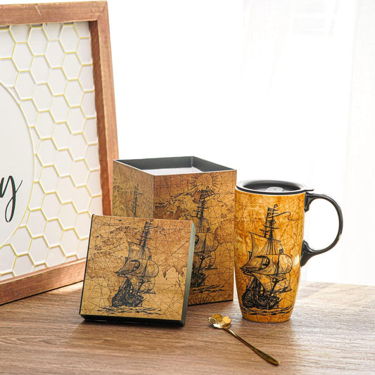 Coffee Ceramic Mug Porcelain Latte Tea Cup with Lid 17Oz, Novelty Coffee Mugs for Men Women Office & Home Sailboat