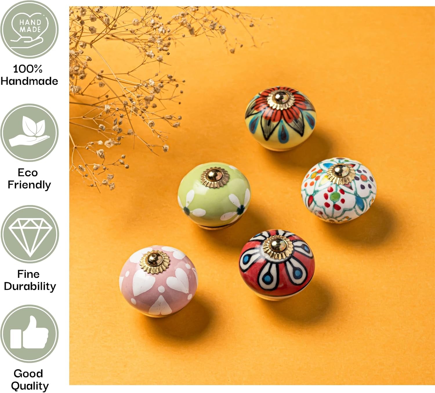 Ceramic Knobs for Cabinet Dresser Drawer and Furniture Hand Painted Antique Boho Cupboard Pull Knob Multicolor Pack of 10