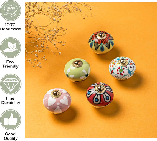 Ceramic Knobs for Cabinet Dresser Drawer and Furniture Hand Painted Antique Boho Cupboard Pull Knob Multicolor Pack of 10