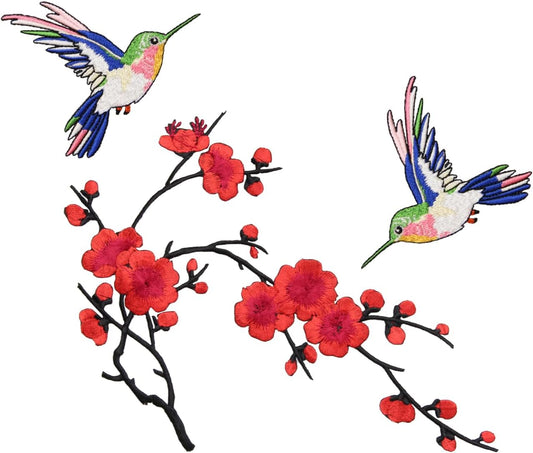 Ava Large Iron on Patches, Red Plum Blossom and Hummingbird Embroidered Patches for Clothes, Chinese Style Applique for Hats, Jeans, Backpacks, Decor for Happy and Hope