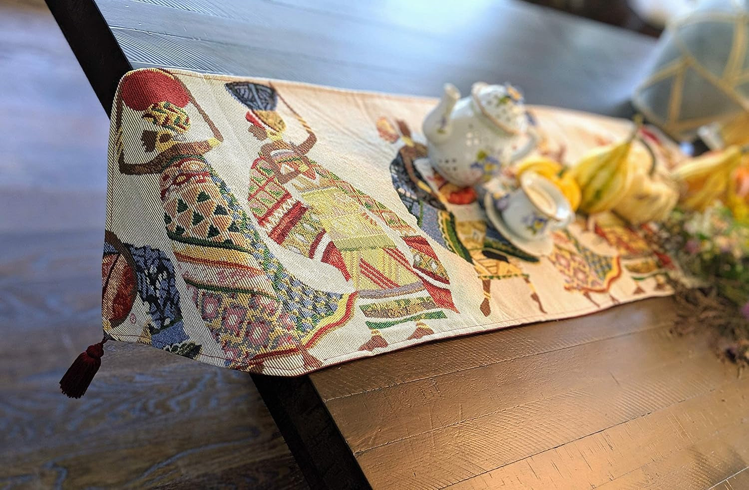 Elegant Tapestry Table Runner - Dancing Women Festive Celebrate Kwanzaa African Ethnic Culture - Multi-Colorful Cotton Linen Woven Kitchen Dining Mats - 13" X 54"