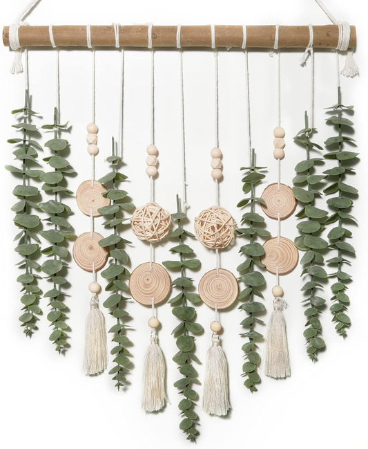 Boho Bathroom Decor Artificial Eucalyptus Hanging Wall Decor Fake Greenery Leaves Plants Wicker Ball on 16.5 Inch Stick Rustic Farmhouse Natural Bedroom Kitchen Nursery Office Decorations
