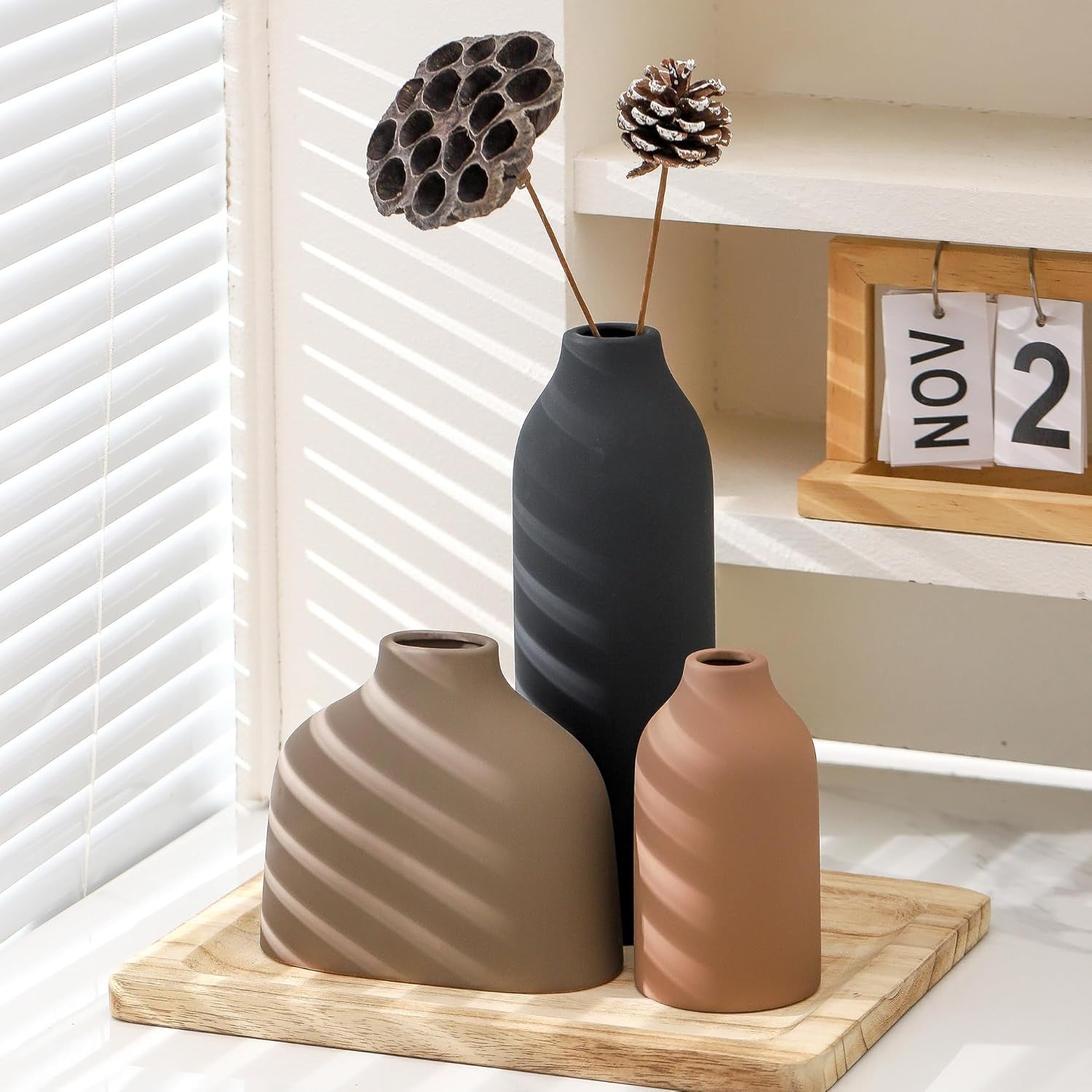 Elegant Ceramic Vase Set of 3 - Modern Farmhouse Home Decor for Fresh & Dried Flowers, Perfect for Bedroom, Living Room, Bookshelves, and Centerpieces - Boho Chic Decoration