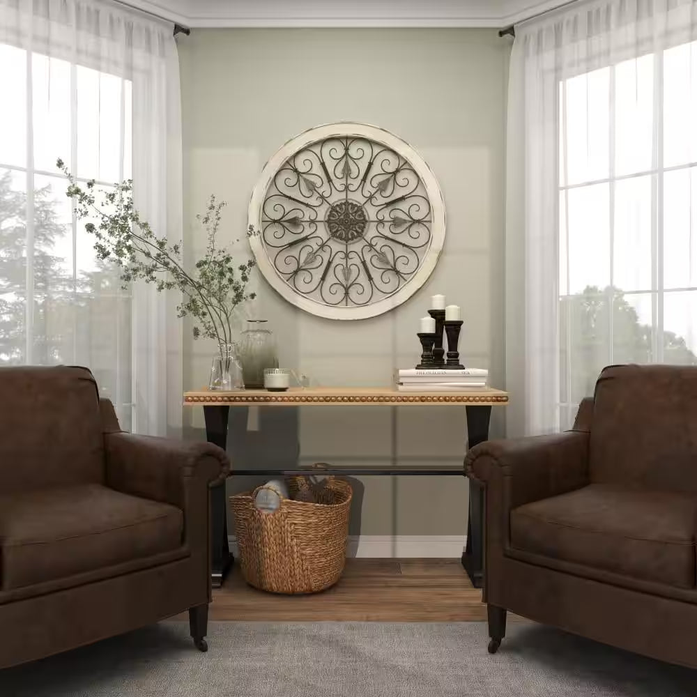 36 In. X 36 In. Wood White Window Inspired Scroll Wall Decor with Metal Scrollwork Relief