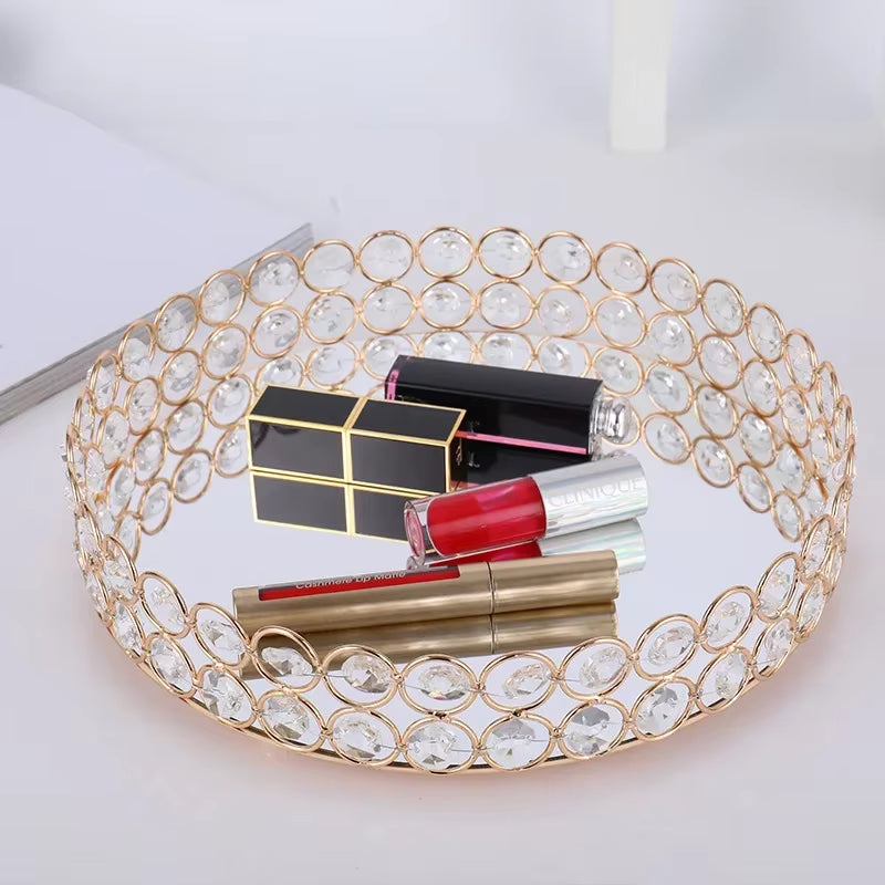 Crystal Decoratiive Mirror Tray round Plate Luxury Serving Tray Table Metal Makeup Storage Dishes Wedding Trinket Decoration