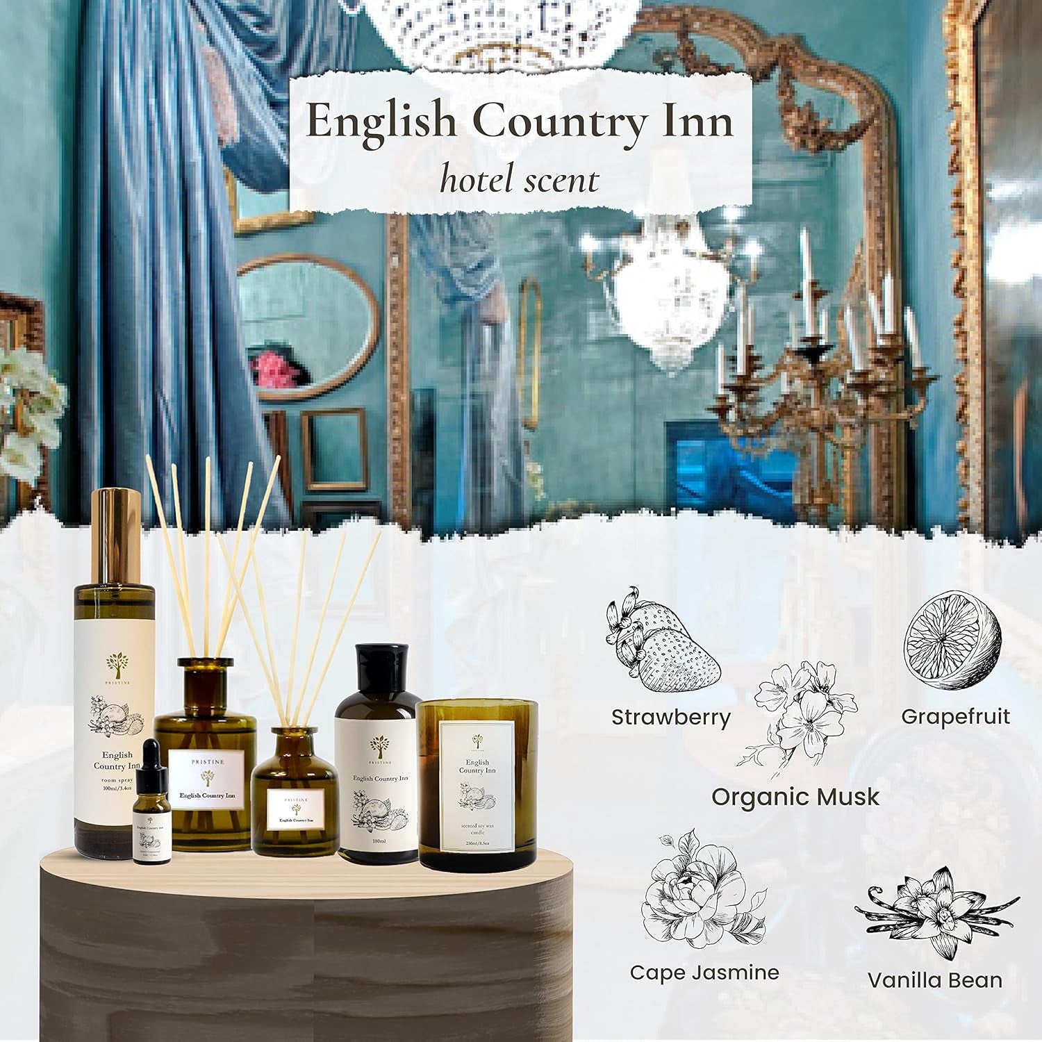 English Country Inn/Inspired by Ritz Carlton Reed Diffuser for Home | Fresh Blend of Strawberry, Vanilla, Musk Reed Diffuser Set, Oil & Reed Diffuser Sticks | Home & Office Decor | Fragrance