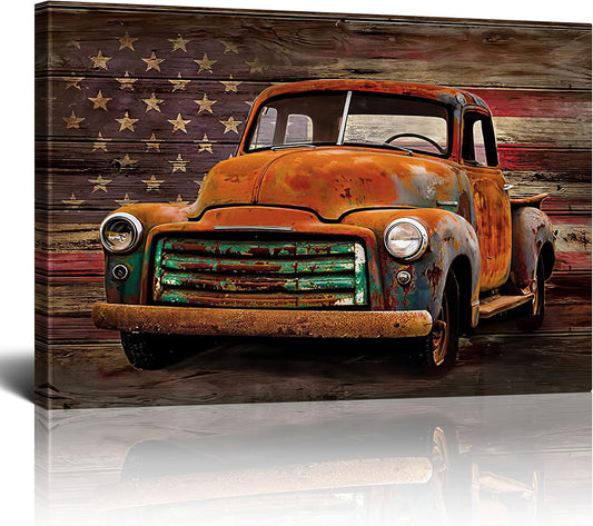 Rustic Old Truck Canvas Wall Art Classic Pickup Truck Print Paintings Vintage Country Decor Picture Modern Home Artwork Decor for Living Room Kitchen Bathroom Framed Ready to Hang 12X16 Inch