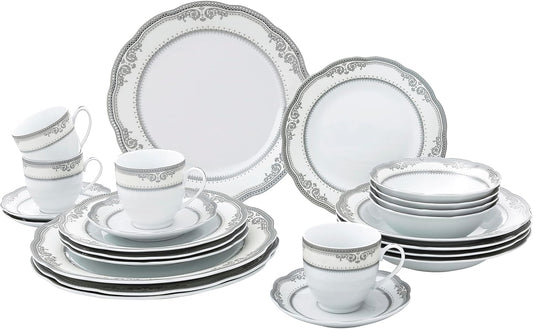 24 Piece Victoria Design Porcelain Wavy Edge Dinnerware Set, White