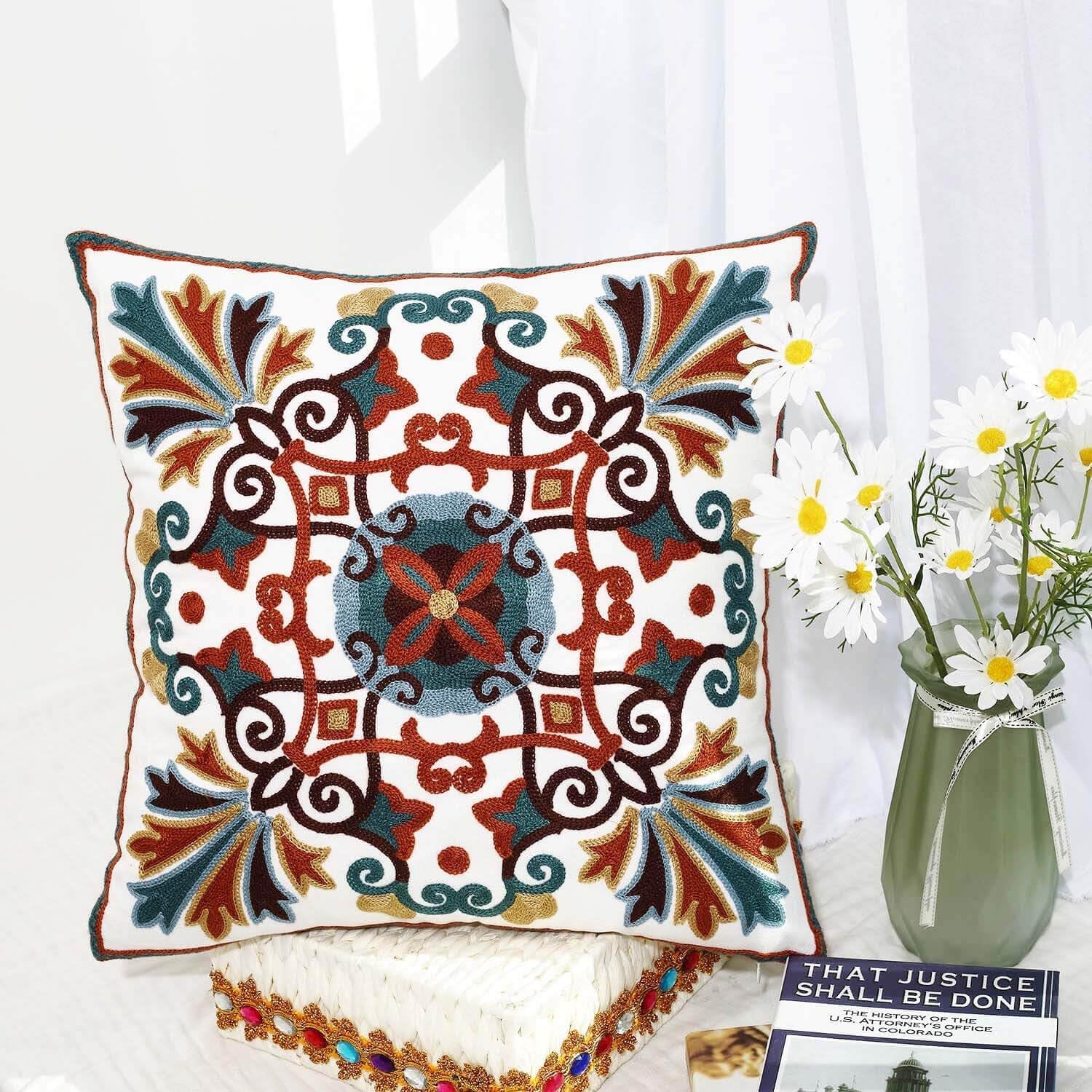 Decorative Couch Pillow Covers for Living Room 18X18 Inches Set of 2 Embroidered Pattern Square Throw Pillows Case Cover for Sofa Bed Chair