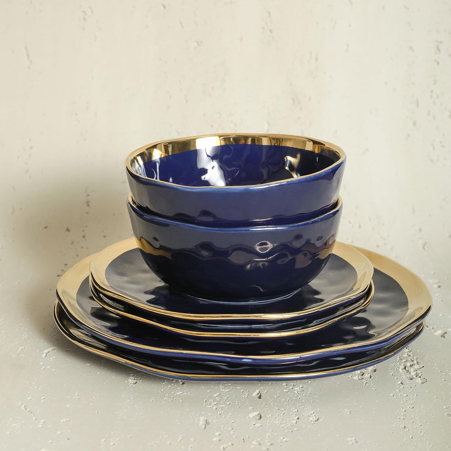 Porcelain 16 Piece Dinnerware Set, Service for 4, Blue and Golden Rim, Dark Blue