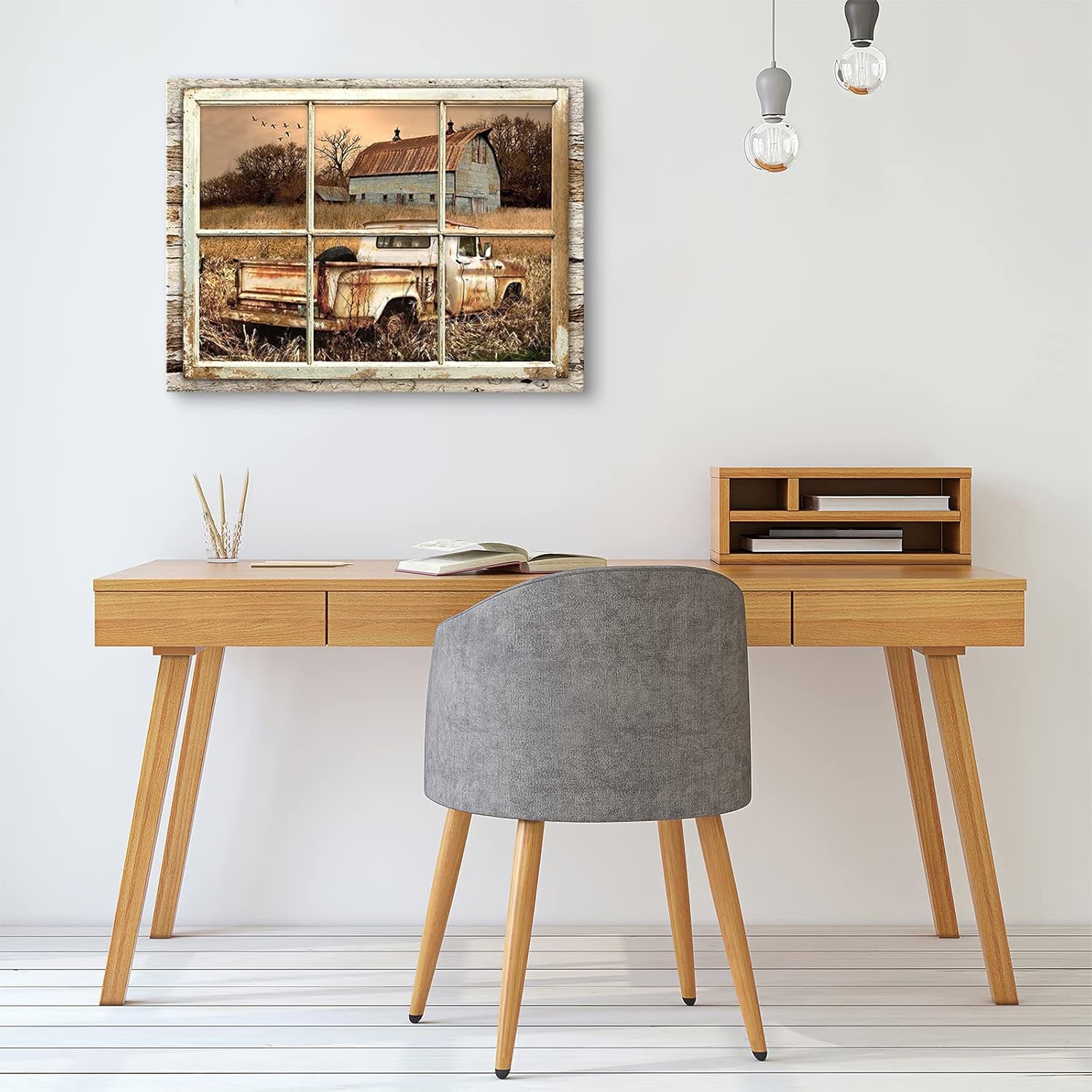 Rustic Old Barn Wall Art Beautiful Barn and Rustic Truck at Sunset through Wooden Window Frame Wall Art for Farmhouse Decor Modern House Wall Art Rustic Retro Canvas Wall Art 20X24 Inch