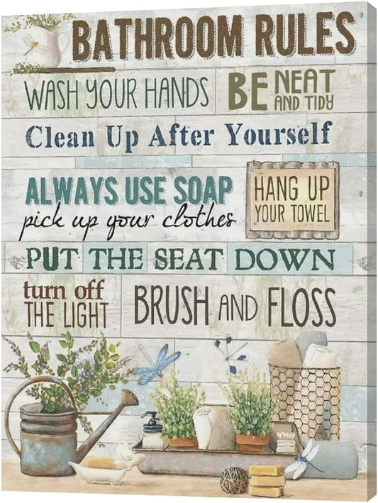 Rustic Bathroom Rules Canvas Prints - Farmhouse Wall Decor, Framed Bathroom Artwork for Laundry Room & Home Decorations