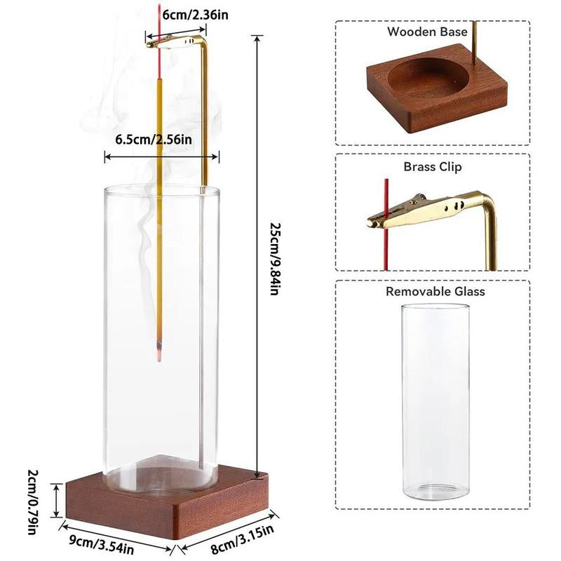 Scented Incense Holder without Incense, Desktop Ash Catcher Incense Holder with Wood Base, Room Accessories, Aroma Home Fragrance Decor for Meditation Yoga Relaxation, Home Decor, Aroma, for Room Scents, Glass