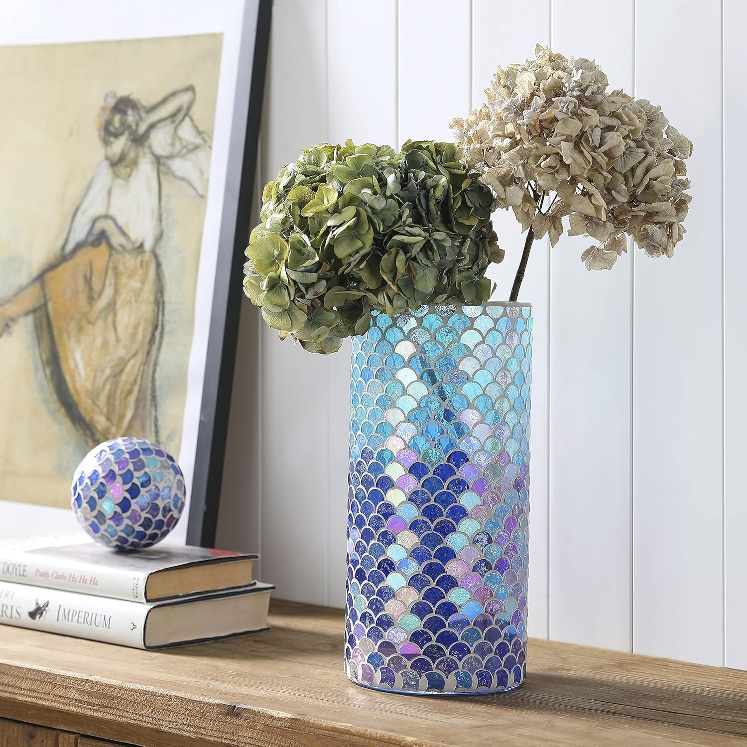 Handmade Mosaic Flower Vase Home Decor Glass Vase Table Centerpieces (Mermaid, 5.5X12Inch)