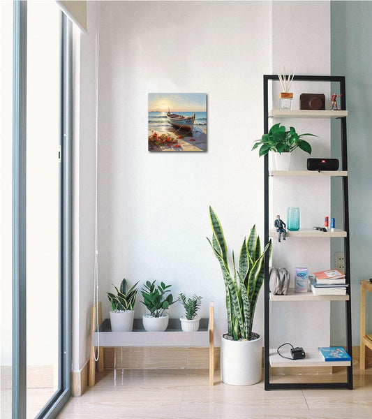 Boat Wall Art Coastal Bathroom Wall Decor Beach Framed Painting 12X12 Inch
