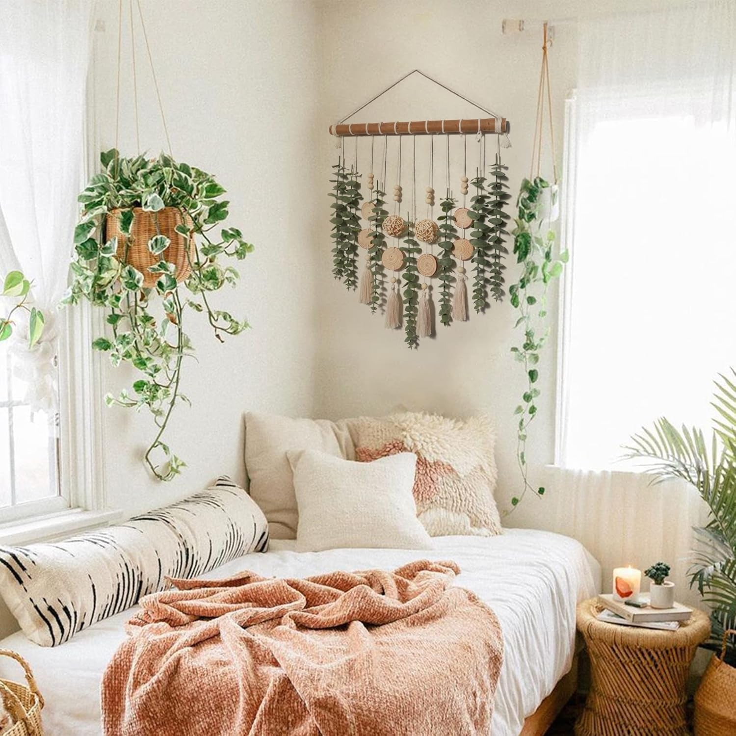 Boho Bathroom Decor Artificial Eucalyptus Hanging Wall Decor Fake Greenery Leaves Plants Wicker Ball on 16.5 Inch Stick Rustic Farmhouse Natural Bedroom Kitchen Nursery Office Decorations