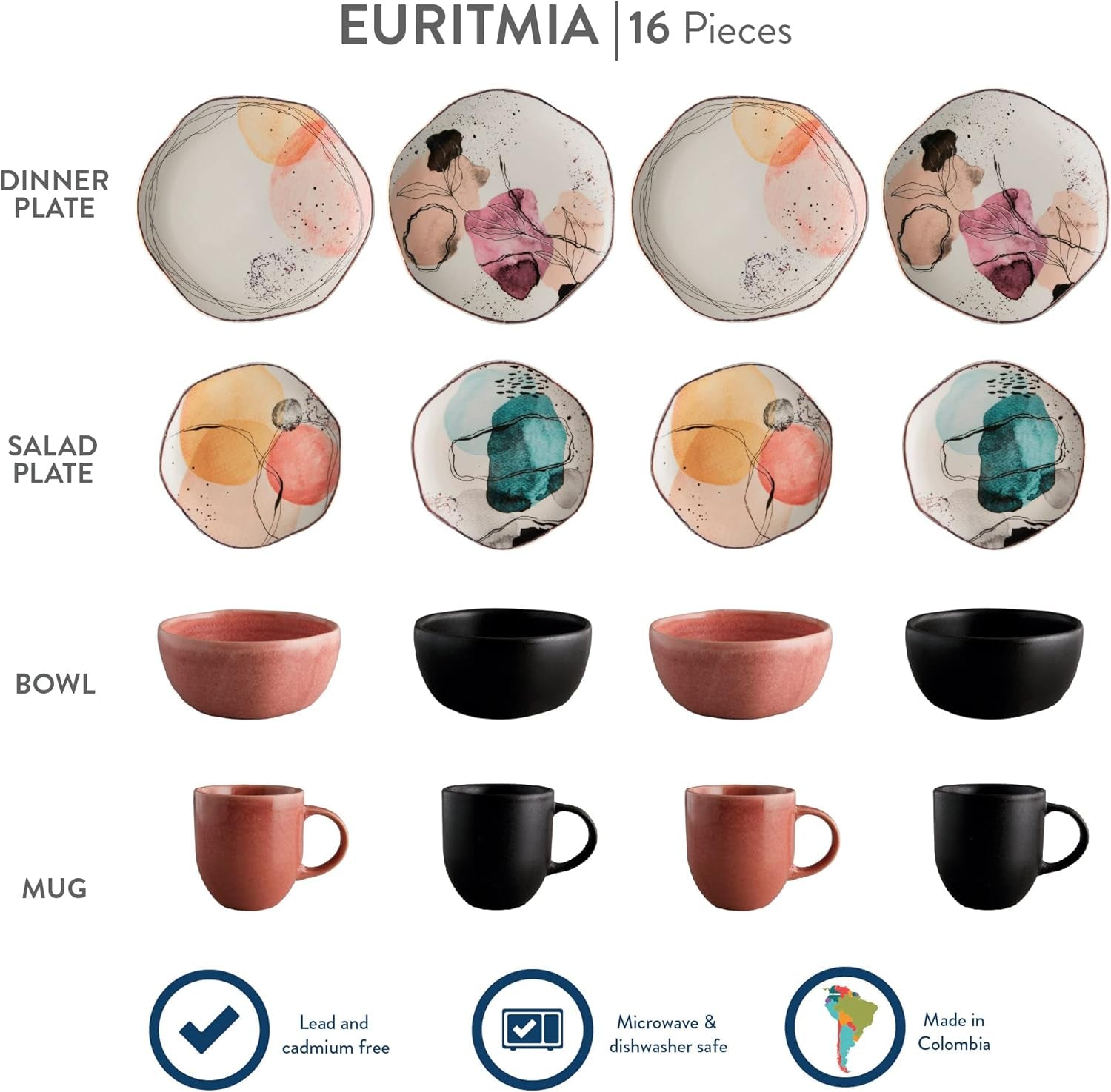 ' Juego De Vajilla Corona 16 Piezas Loza | | Servicio Para 4| Cerámica| Set De Vajilla 4 Puestos, 16 Piezas | Formas Orgánicas Servicio De 16 Piezas Para 4 Euritmia