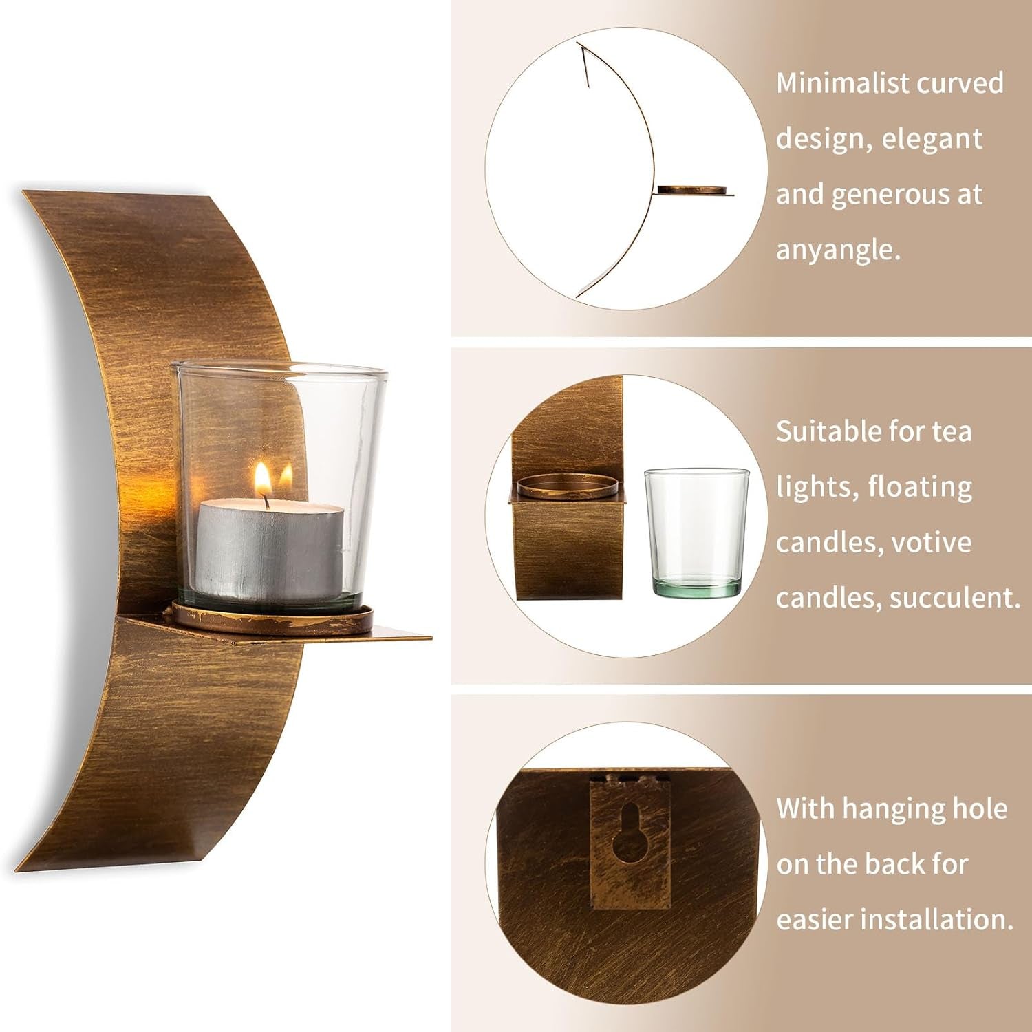 Rustic Wall Candle Holder for Tealight Candles - Rustic Gold and Bronze Wall Mounted Candle Sconces Decorative Metal Wall Decor for Bathroom Hallway Entryway