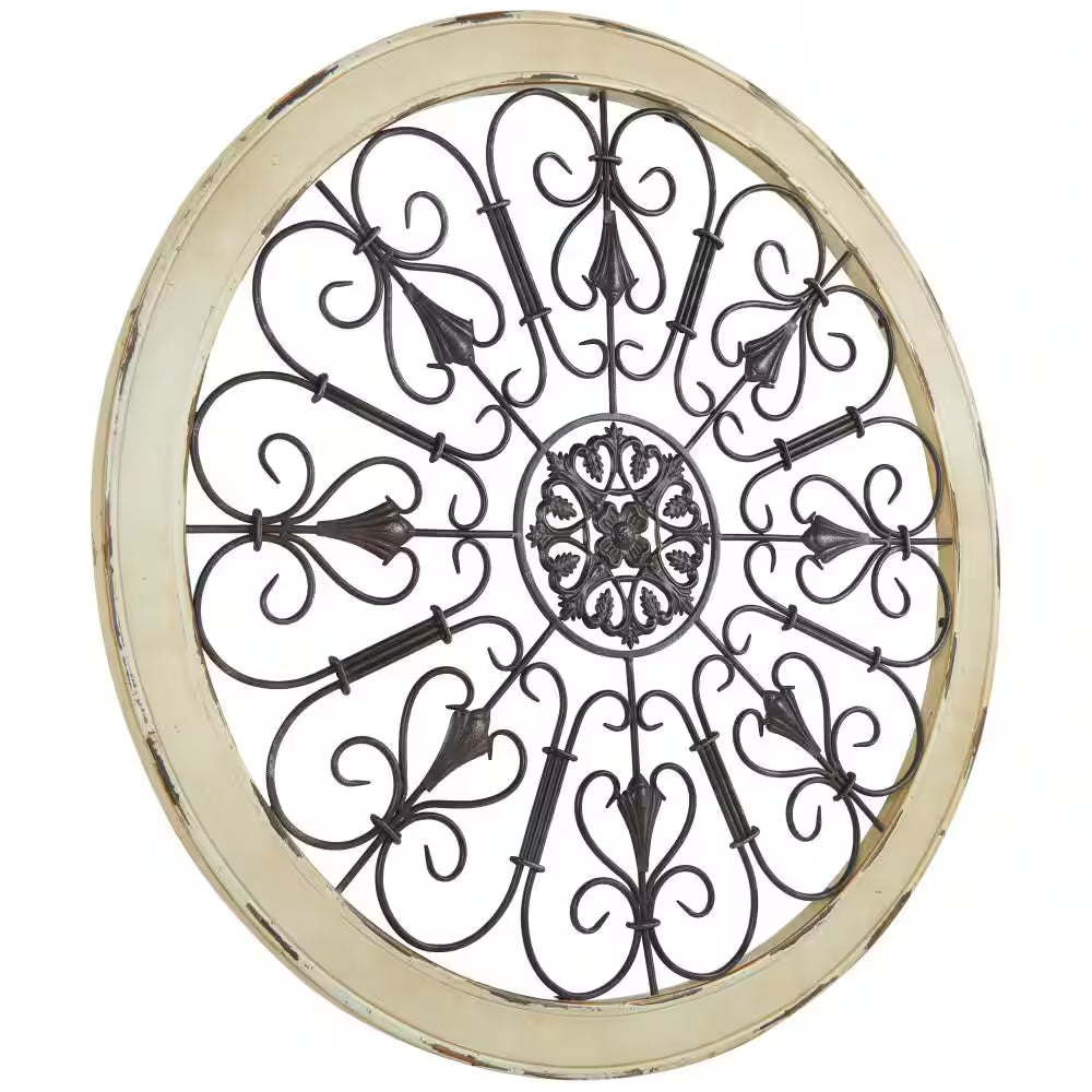 36 In. X 36 In. Wood White Window Inspired Scroll Wall Decor with Metal Scrollwork Relief
