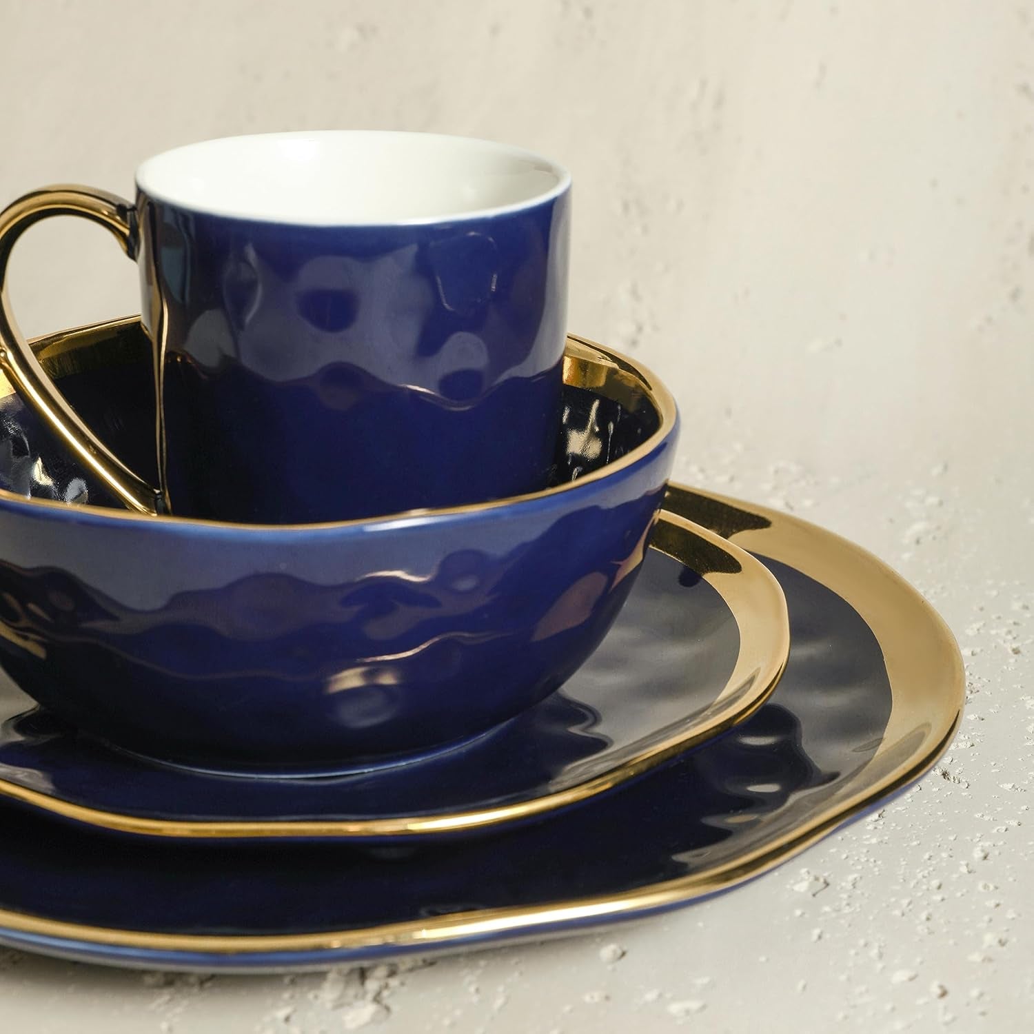 Porcelain 16 Piece Dinnerware Set, Service for 4, Blue and Golden Rim, Dark Blue