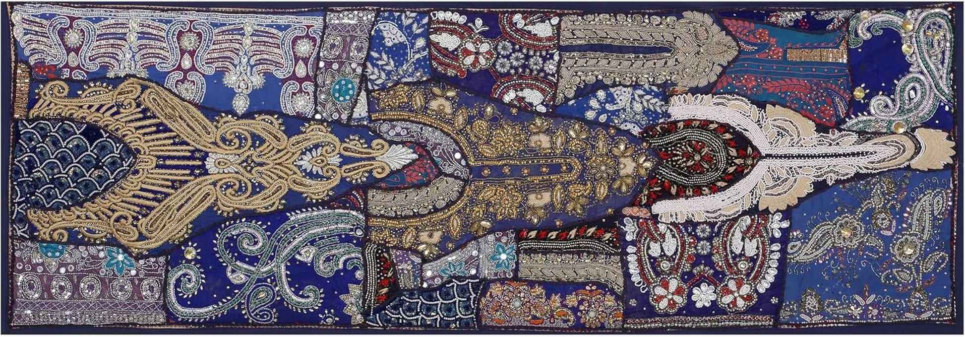 Linen Indian Table Runner 20" W X 80" L, Ethnic 100% Cotton Embroidered Handcrafted Mirror Art Long Patchwork Dining Indian Table Cloth (Blue)