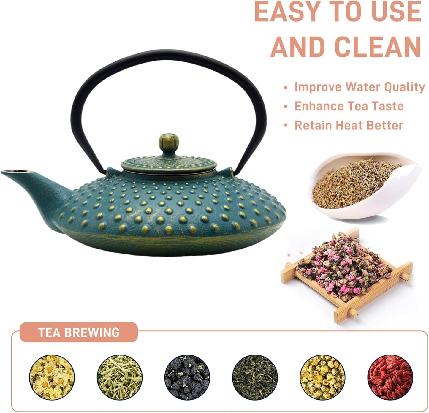27.1Oz Small Cast Iron Teapot, Tea Kettle Coated with Enameled Interior for Stovetop Safe, Japanese Style Cast Iron Teapot with Stainless Steel Infuser for Loose Tea,Flat Pattern(800Ml)