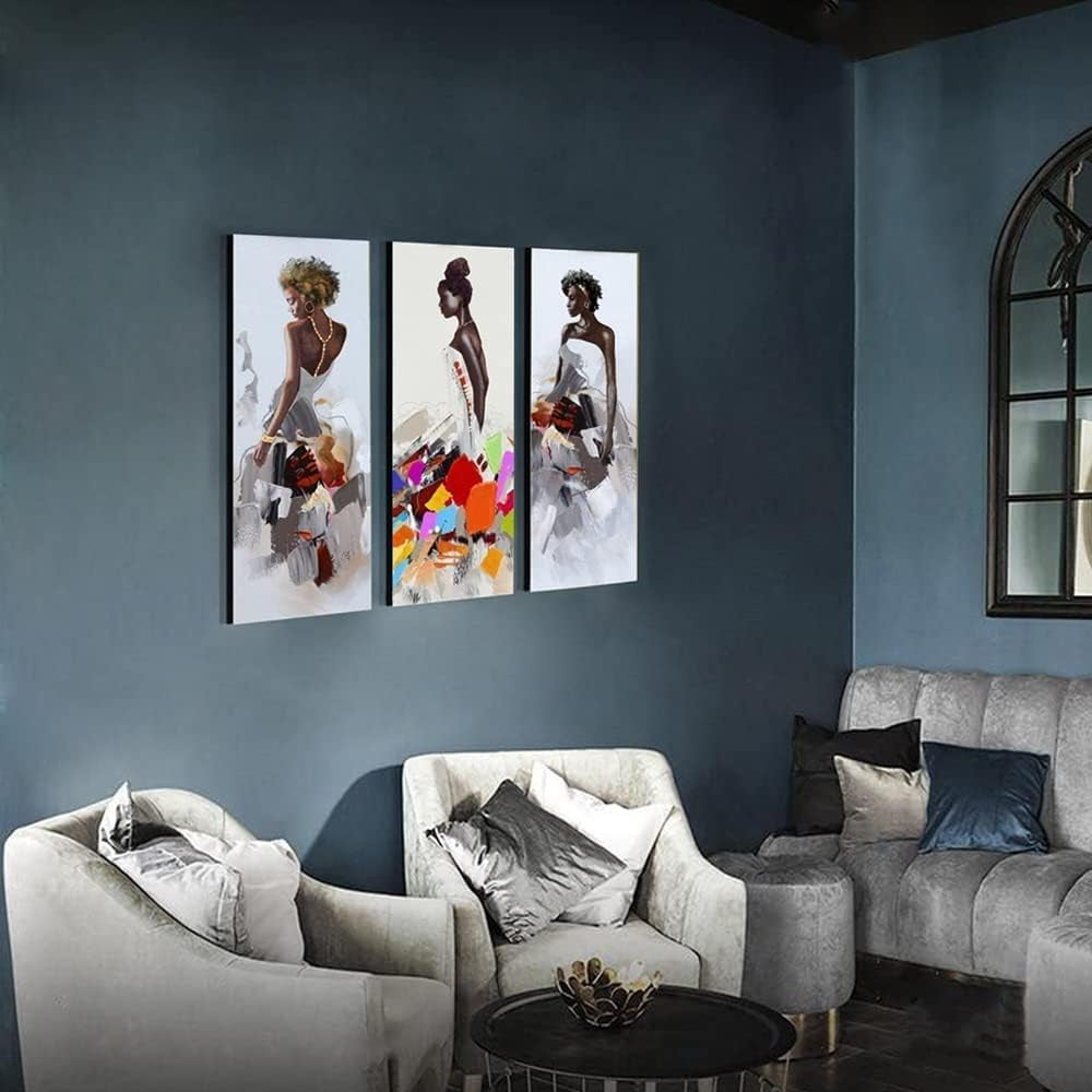 Art Framed African American Black Art Dancing Black Women in Dress Wall Art Painting on Canvas Pirnt Wall Picture for Home Accent Living Room Wall Decor (8 X 24 Inch, SET of ABC)…