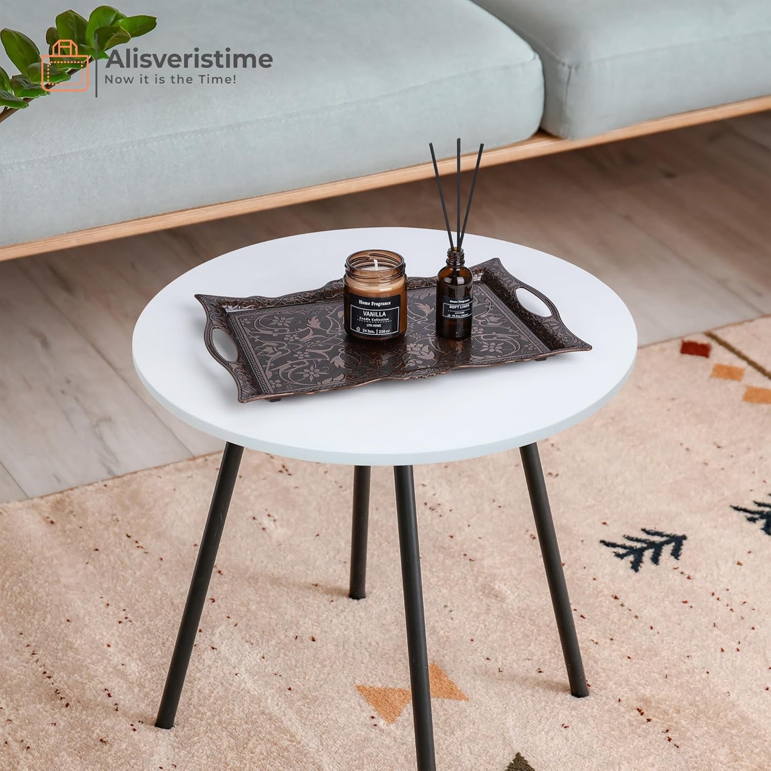 Ottoman Turkish Zamak Serving Tray with Traditional Motifs, Ideal for Coffee and Tea - Six Person Tray (14.5 X 9.85 In) (Copper)