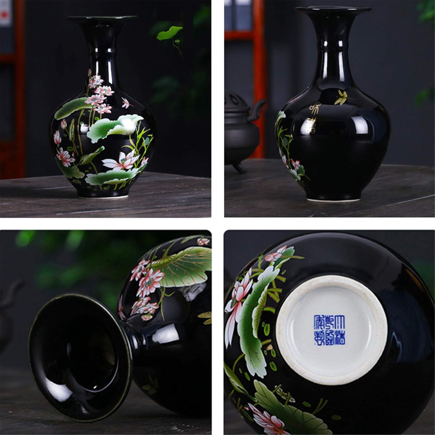 Meightai 9.45'' China Style Decorative Vase, Classic Ceramic Vases for Art Home Decoration, Chinese Retro Porcelain Ceramic Vase with Base, Beauty Lotus Flower Painting, Black