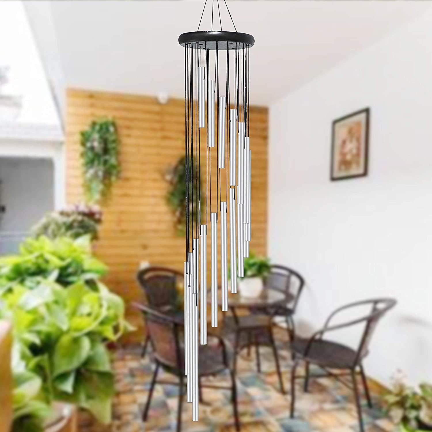 Wind Chime Outdoor Large Sliver Aluminium Tube Wind Chime Solid Wood and 18 Scrub Aluminum Alloy Gold Tubes Wind Chime 36’’ Large Sliver Wind Chime for Party, Garden, Decor, Gift Etc (Silver)