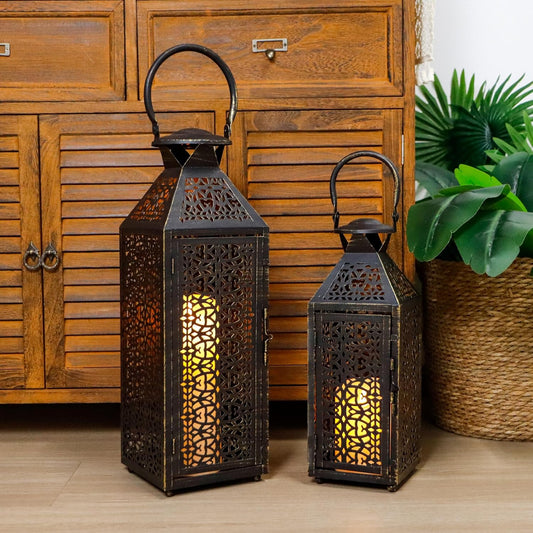 Stylish Set of 2 Vintage Moroccan Metal Candle Lanterns - 19" & 14" Decorative Holders for Garden, Porch, Indoor/Outdoor Parties, Weddings (Black Brushed Gold)