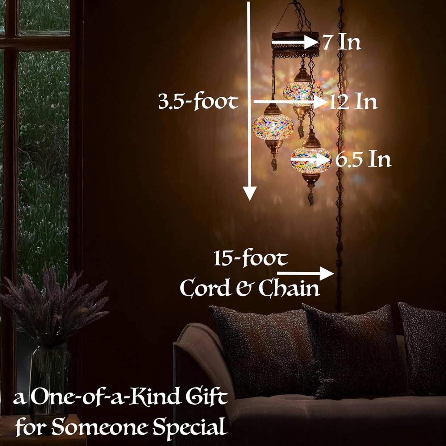 3-Large 7'' Globes Turkish Moroccan Mosaic Plug-In Chandelier - Handmade Pendant Light Fixture with 15-Ft Cord & Chain, Decorative Bohemian Hanging Ceiling Lamp for Living Room, Bedroom, 3.5 Ft