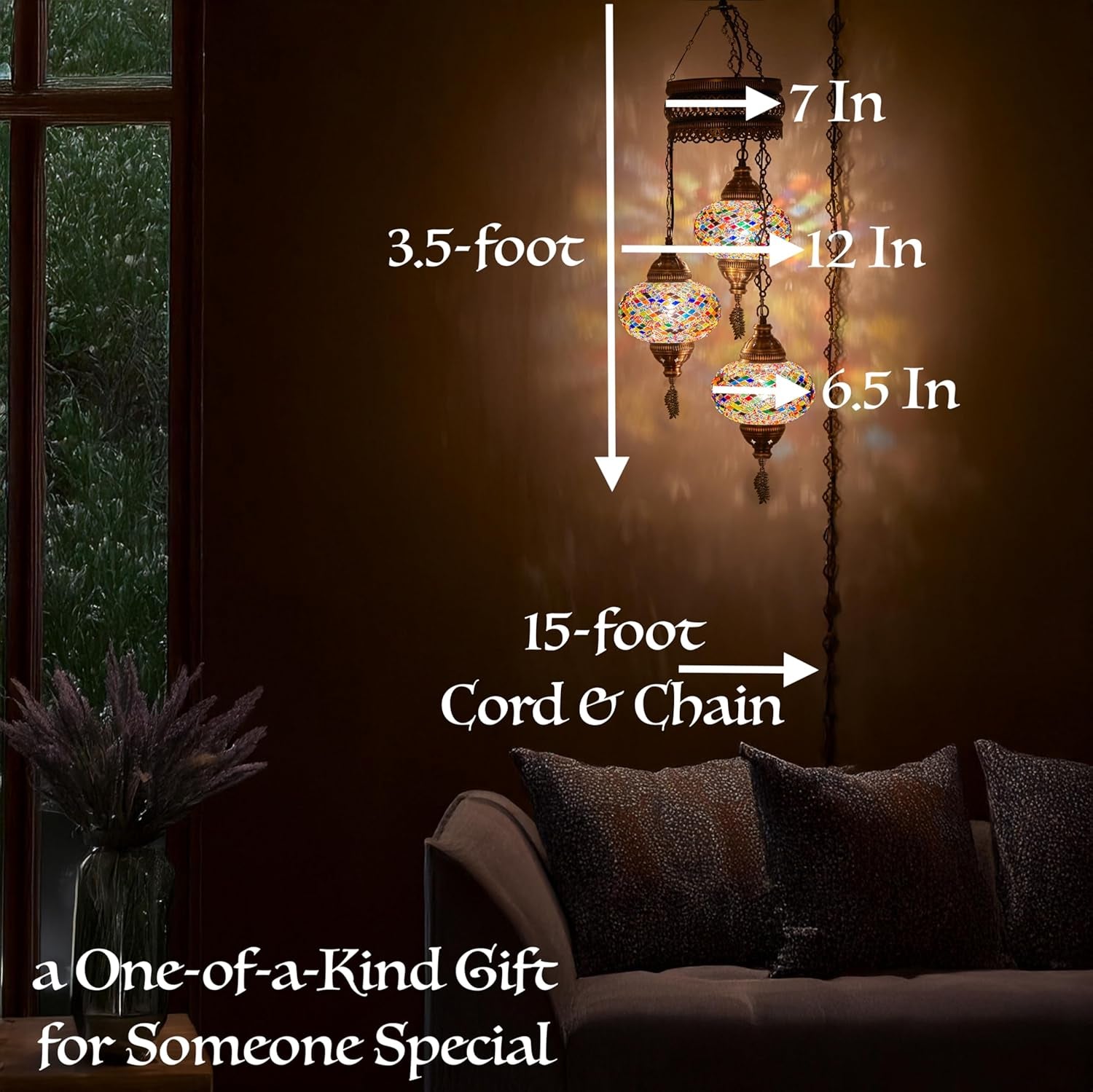 3-Large 7'' Globes Turkish Moroccan Mosaic Plug-In Chandelier - Handmade Pendant Light Fixture with 15-Ft Cord & Chain, Decorative Bohemian Hanging Ceiling Lamp for Living Room, Bedroom, 3.5 Ft