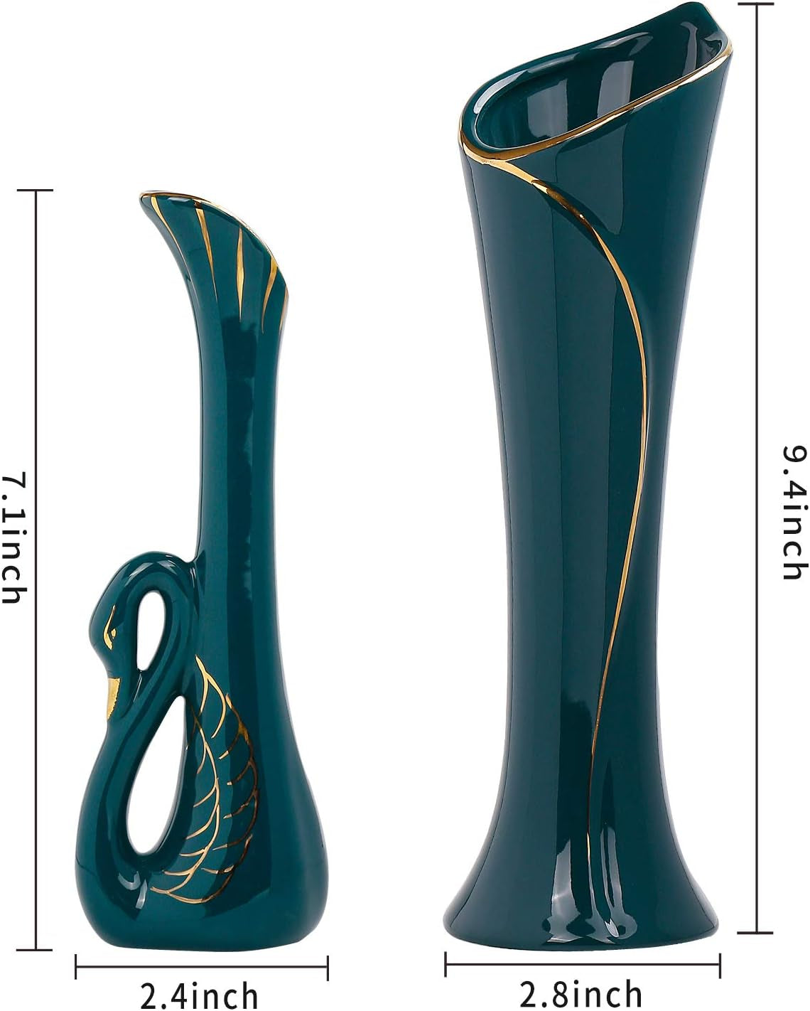 Set of 2 Ceramic Flower Vases, Retro Minimalism Ceramic Vases Elegant Swan Neck Shape Dry and Wet Flower Arrangement Vases for Home Decor, Green