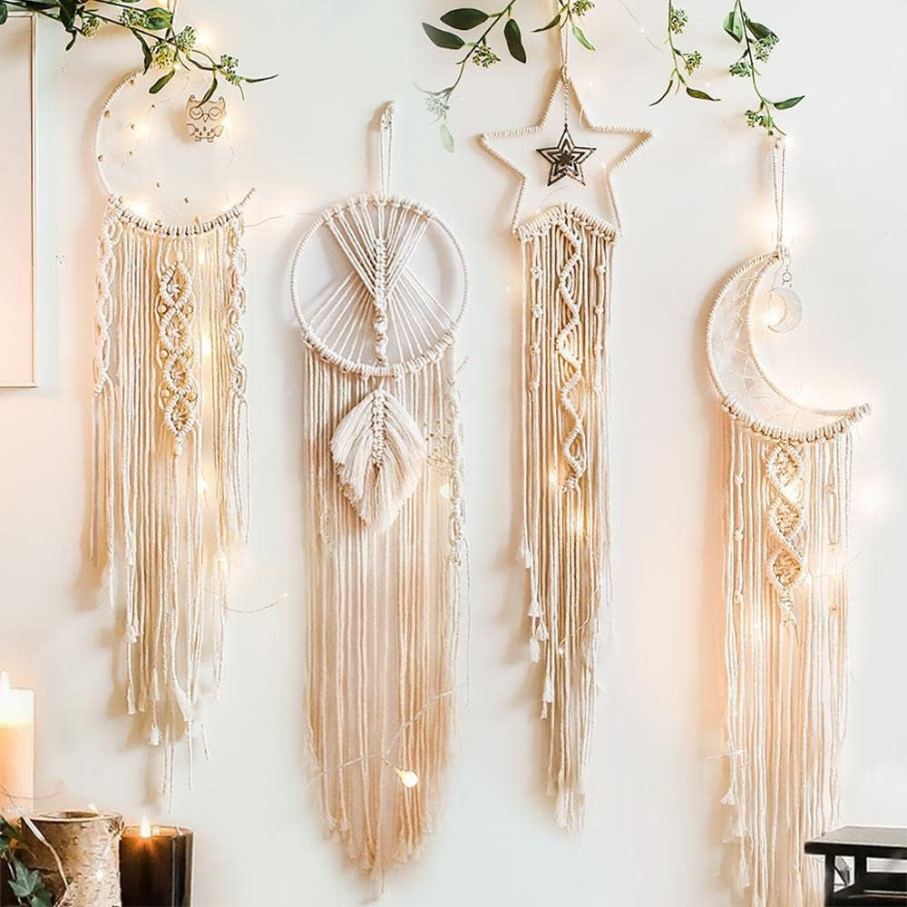 4 Pack Boho Dream Catcher Wall Decor Moon Dream Catcher Macrame Woven Wall Hanging Boho Home Decor Wall Art Beautiful Apartment Dorm Room Decor (Beige)